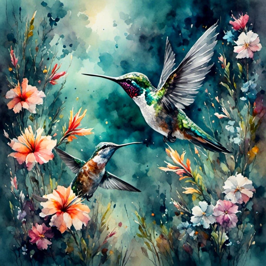 Hummingbird in Moonlit Garden, Antique Watercolor Style
