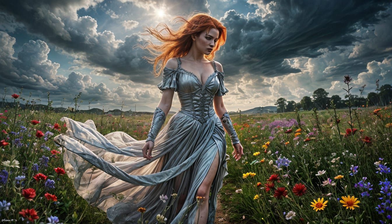 Red-Headed Demon-Girl in Wildflower Field, Digital Art