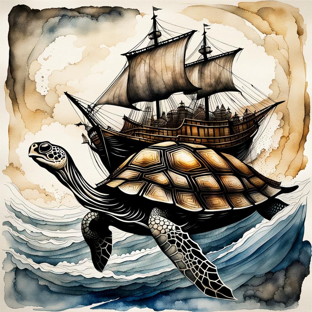 Turtle on Pirate Ship: Ink and Wash Painting
