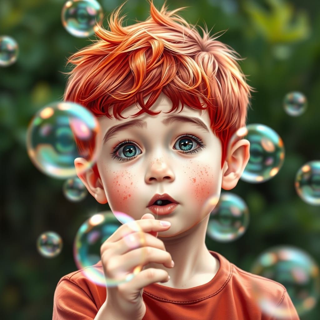 Red-Haired Boy Blowing Bubbles: Hyper-Realistic Comic Art