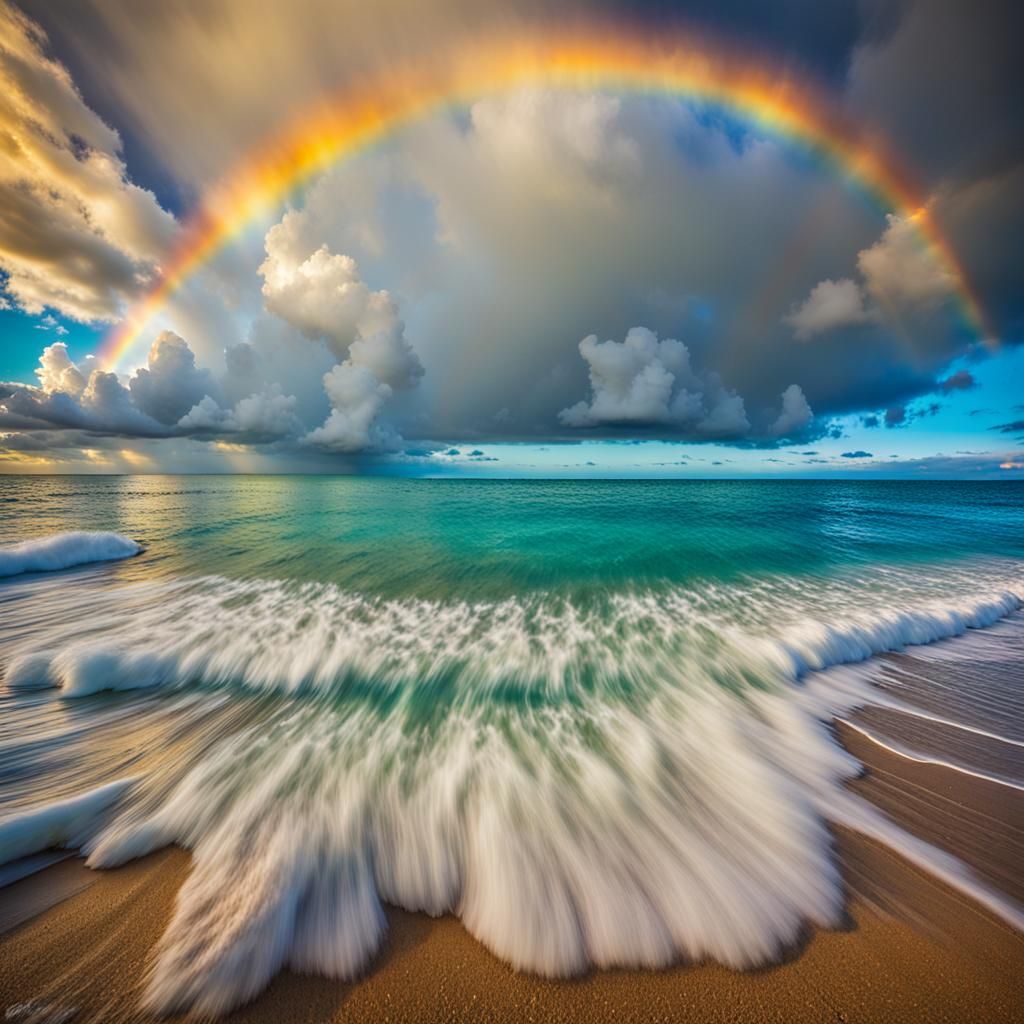 Majestic Rainbow over Turquoise Sea: Seascape Photography