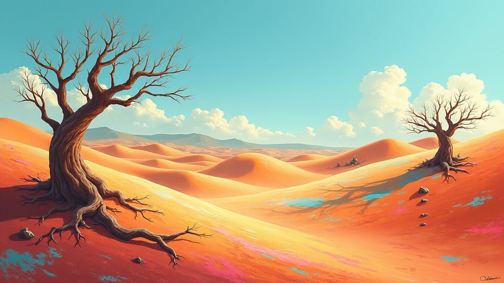 Dreamlike Desert Landscape in Children's Book Art Style