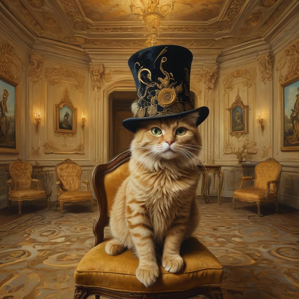 Cat in Hat: Surreal Oil Painting in Hyper-Realism Style
