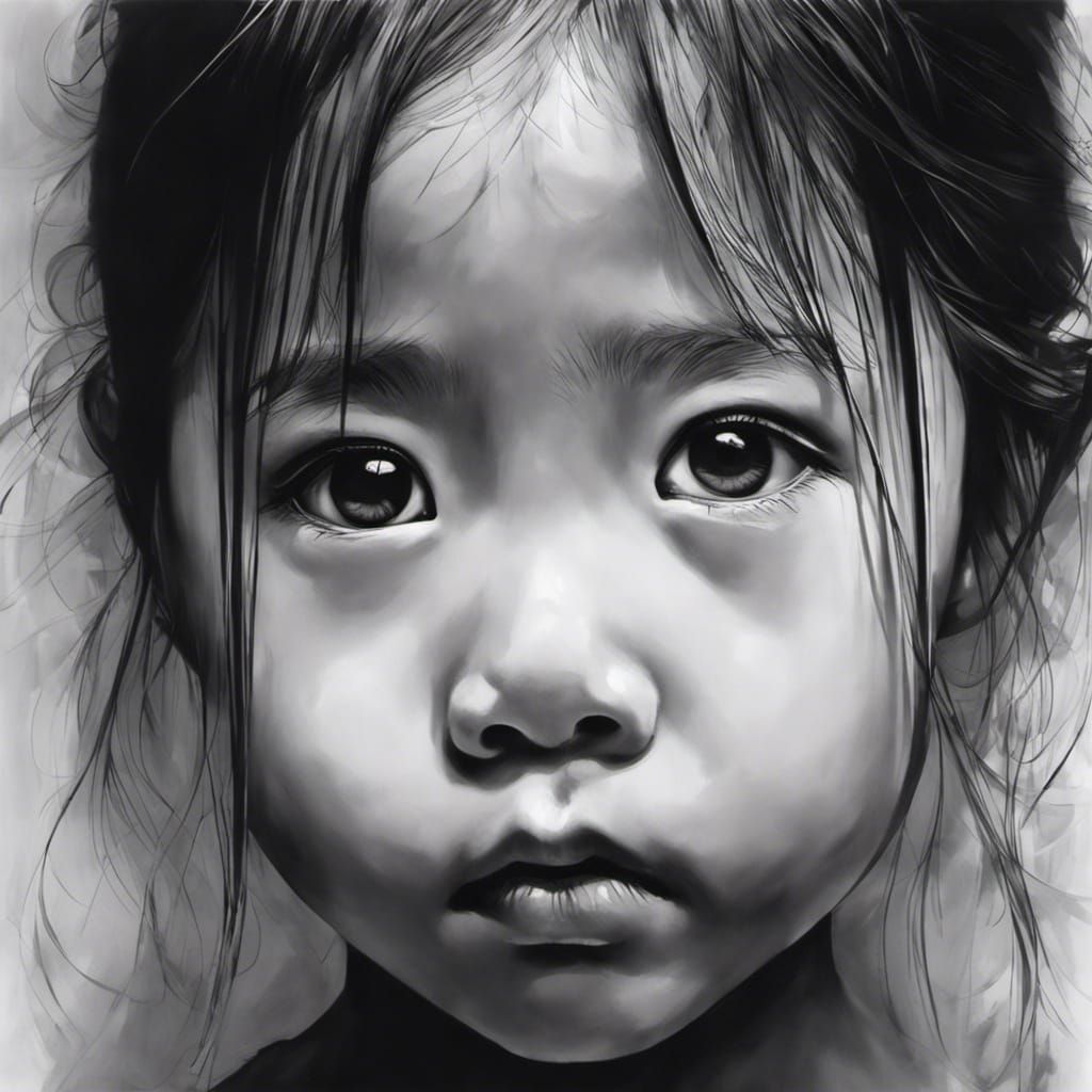 black and white ink  chinese girl with big round expressive ...