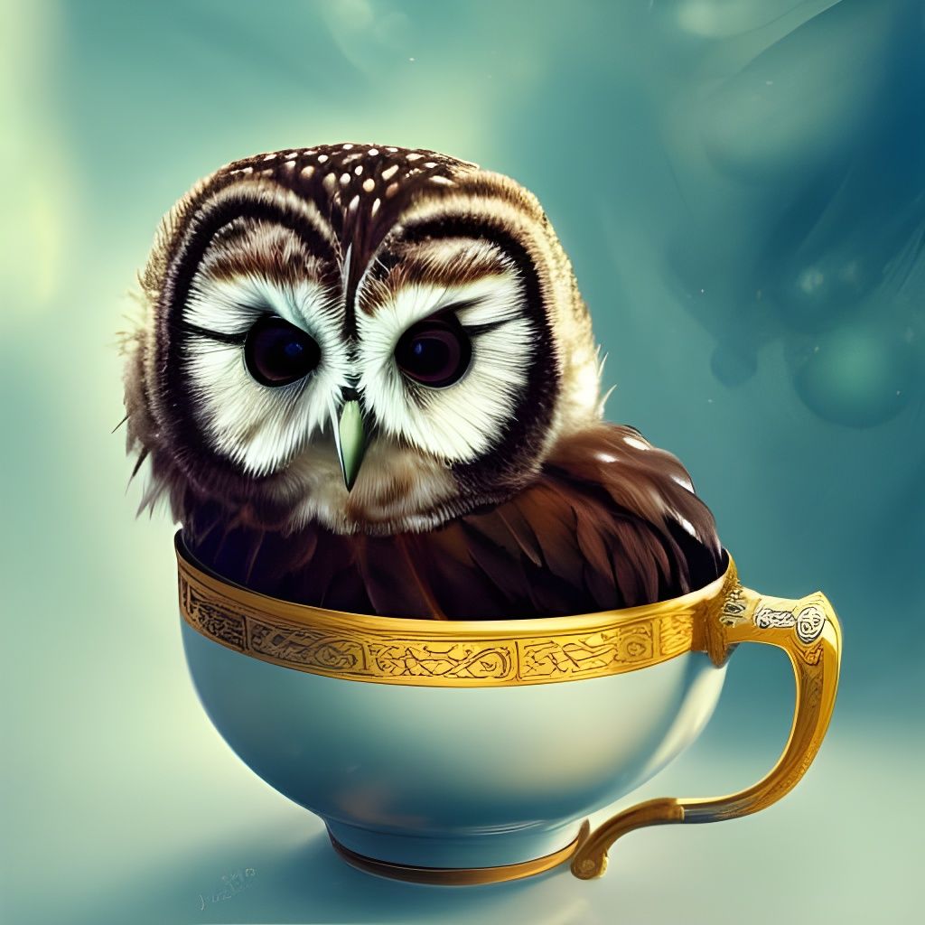 Psychedelic Baby Owl Portrait in Teacup
