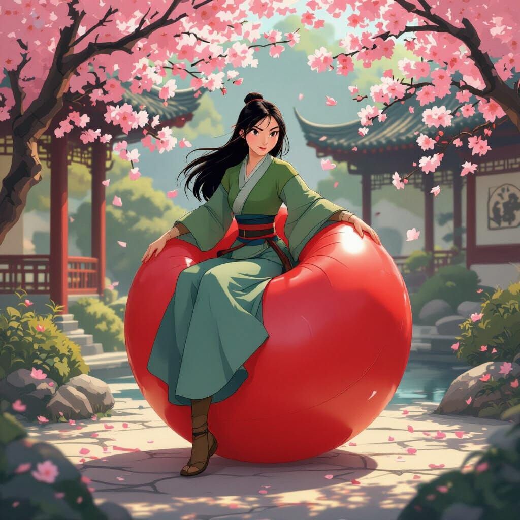 Mulan Bounces on Giant Red Ball in Cherry Blossom Garden