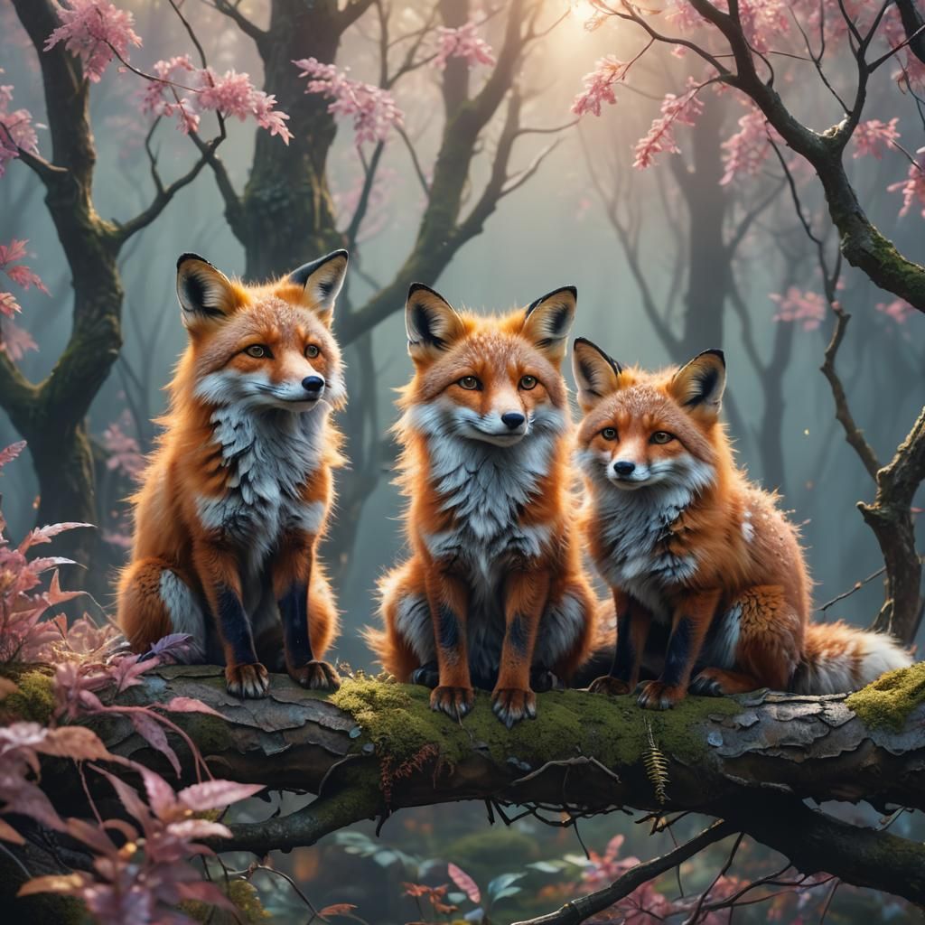 Colorful Fluffy Foxes in Mystical Forest, Digital Art