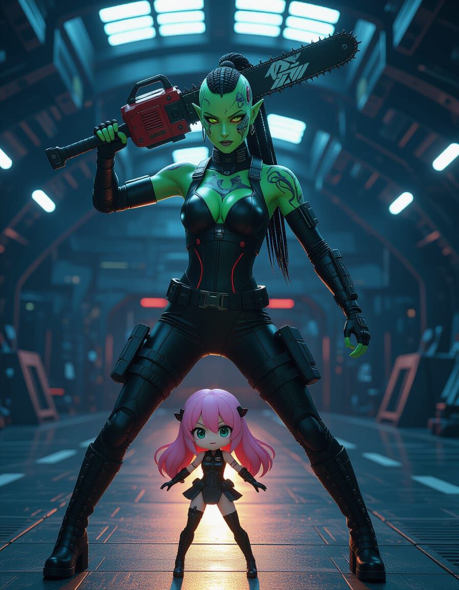 Cyborg Orc Wields Chainsaw Sword in Starship Hangar