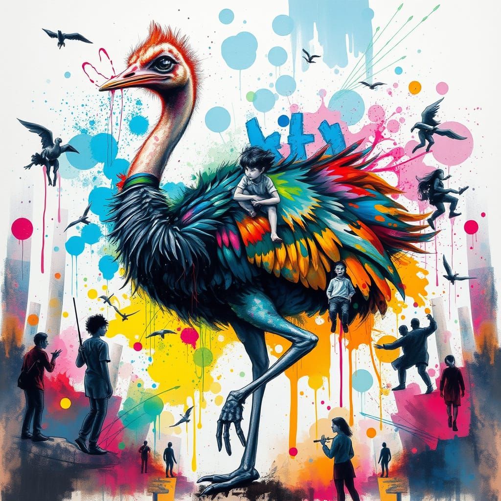 Vibrant Ostrich in Whimsical Watercolor Graffiti