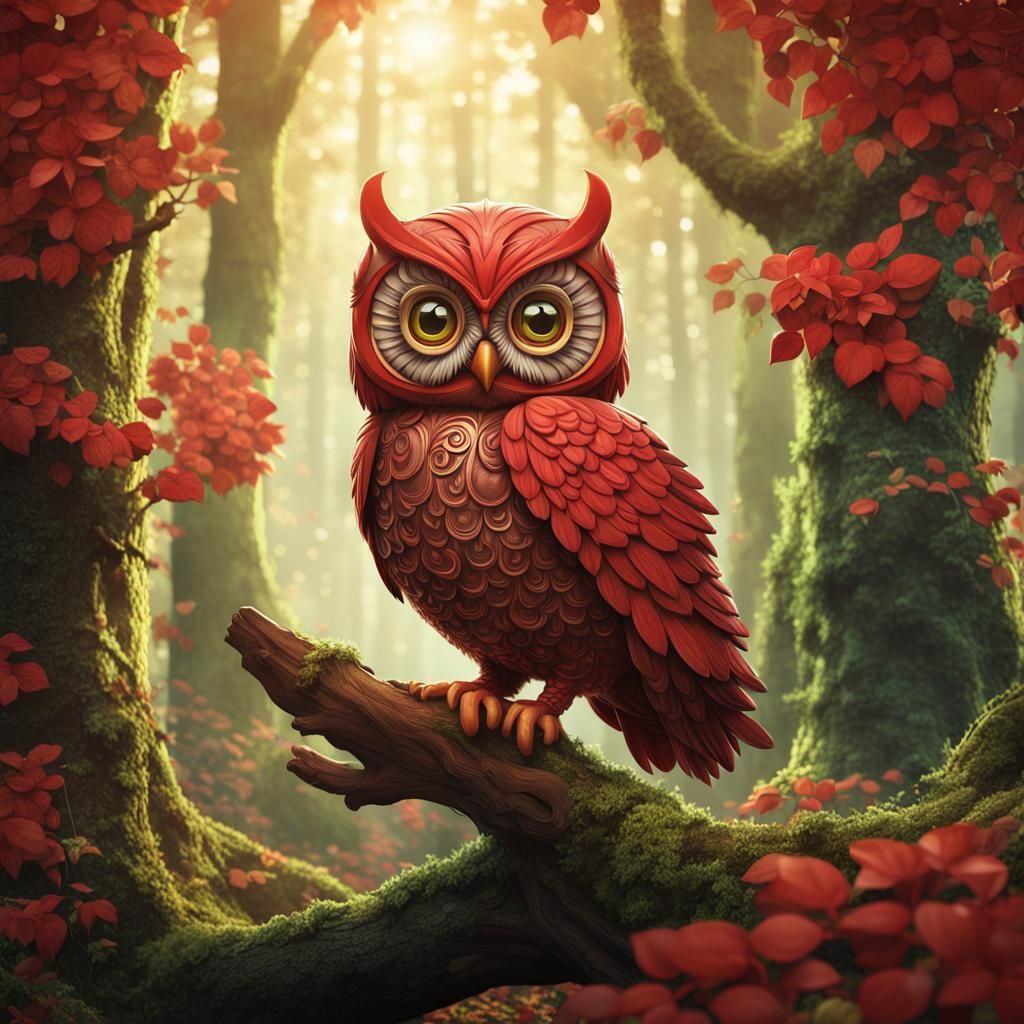 Chibi Red Owl Portrait in Forest, Polychromatic Art