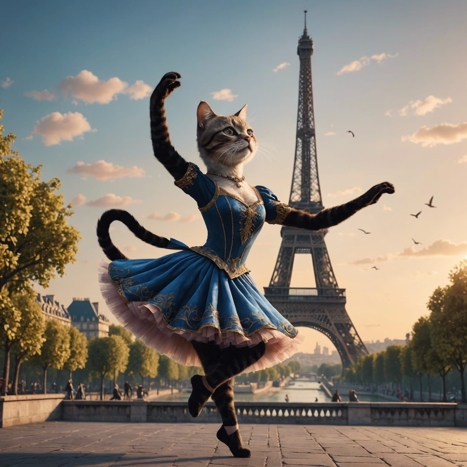 Cat Ballerina Dances Before Eiffel Tower: Digital Art