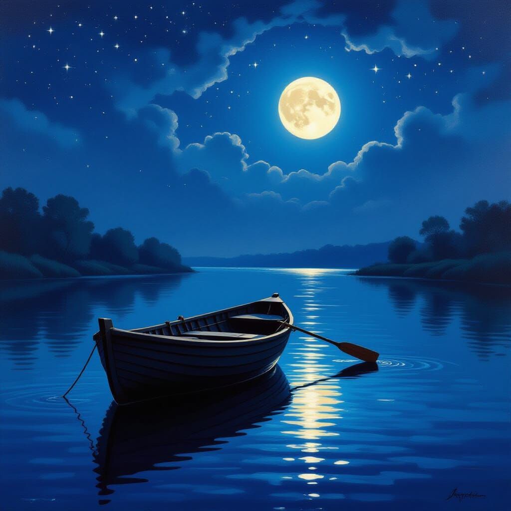 Moonlit Night: Old Rowing Boat on Reflecting River
