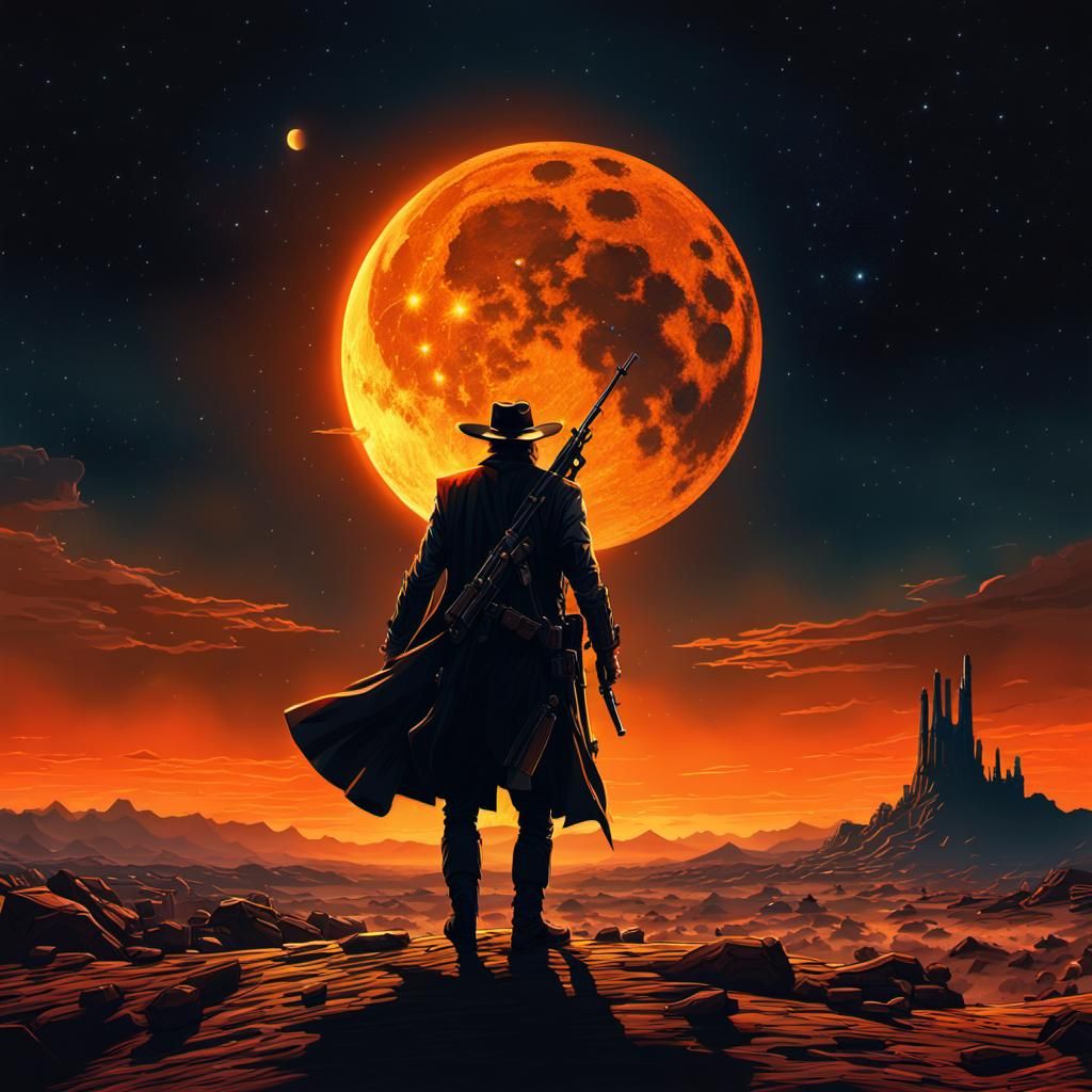 Gunslinger Duel Under Cosmic Moon, Digital Matte Painting