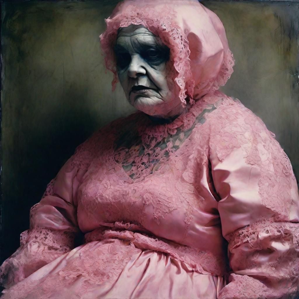 Alien in Pink Dress: Grotesque Oil Painting