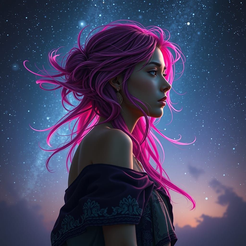 Melancholic Woman Silhouetted Against Starlit Sky