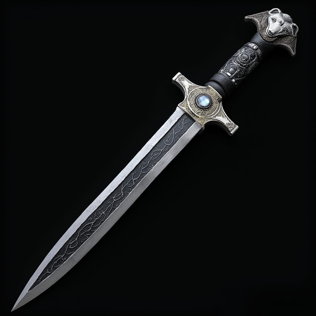 Elegant Obsidian Blade with Silver Wolf Heads