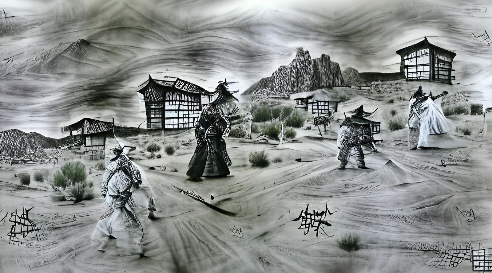 Aikido Samurai in Desert Ghost Town: Japanese Ink Charcoal