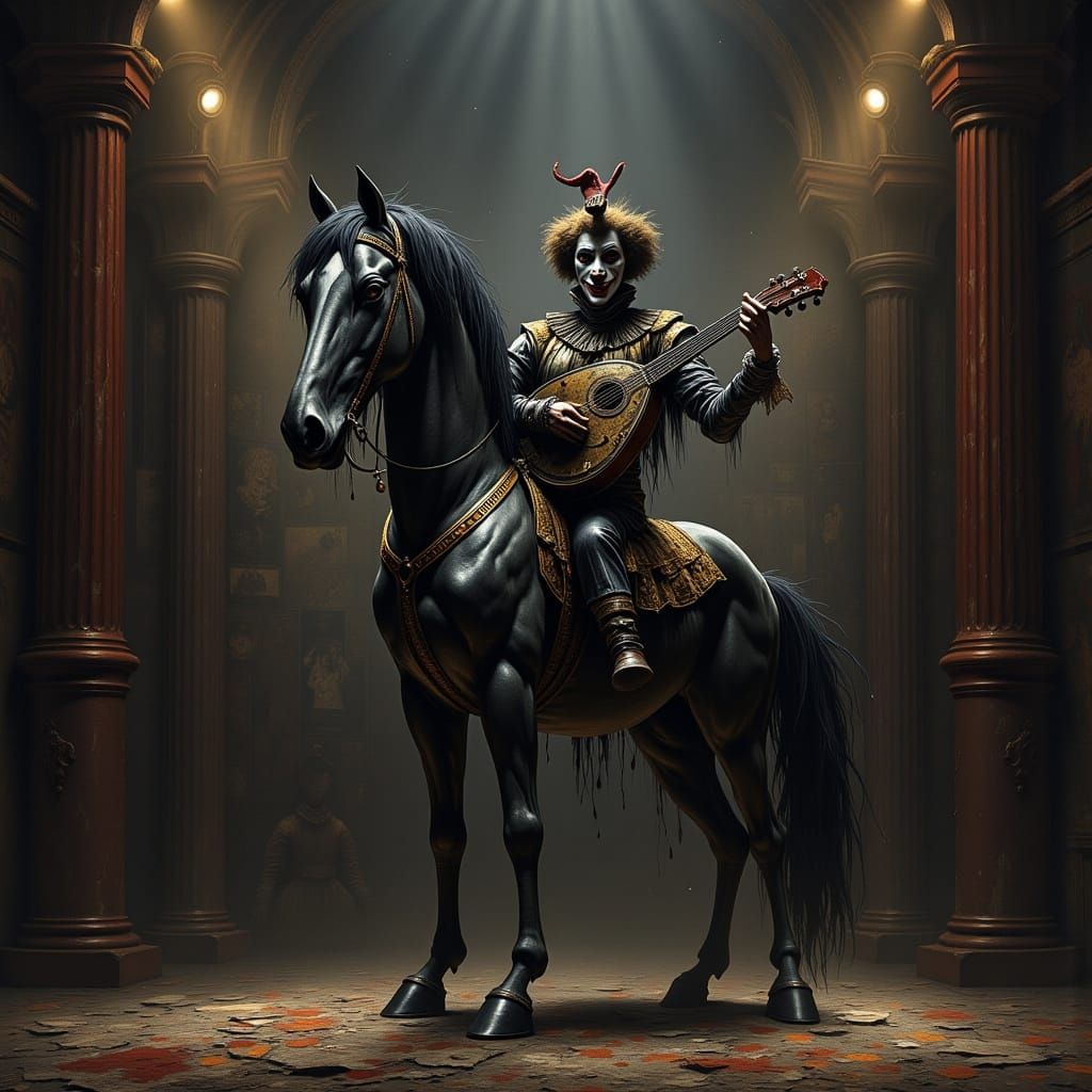 Jester Centaur Plays Chrome Lute on Dark Stage
