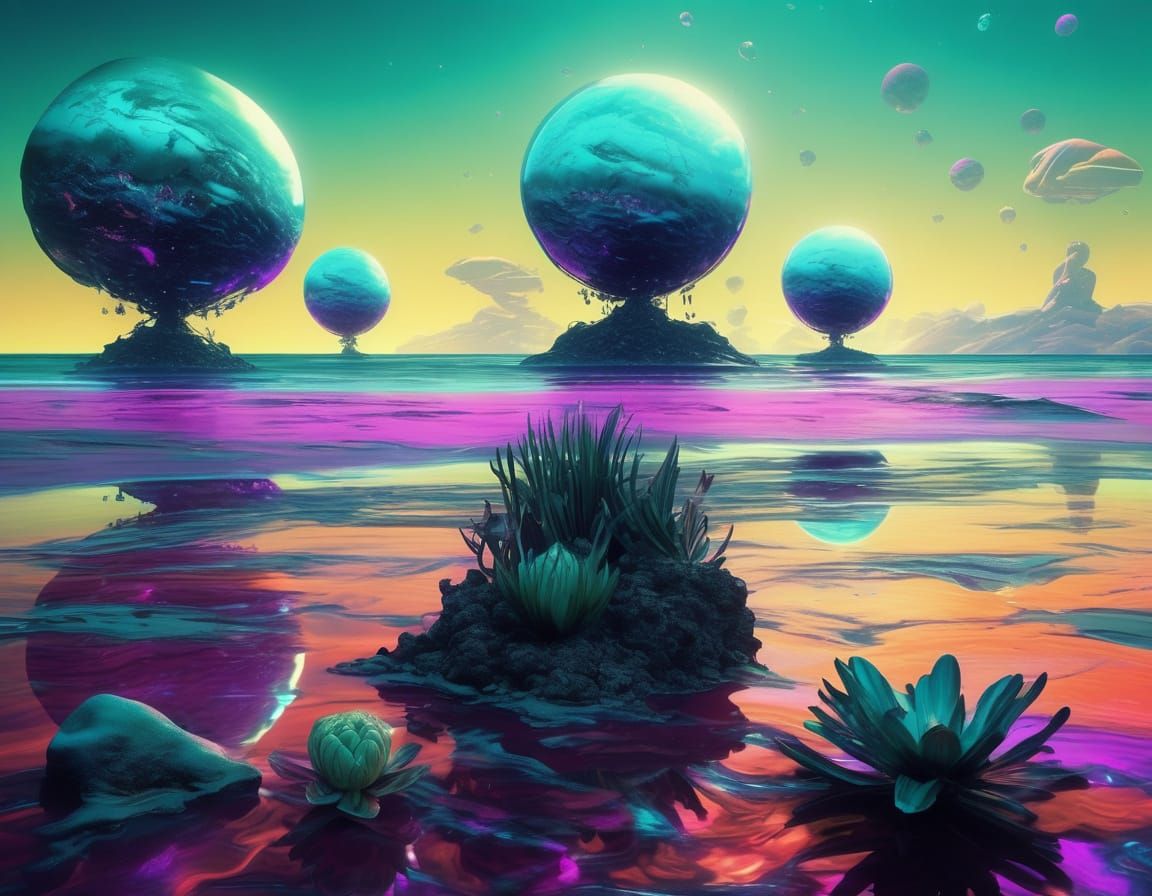 Breathtaking Surrealist Beach Scene with Extraterrestrial Li...