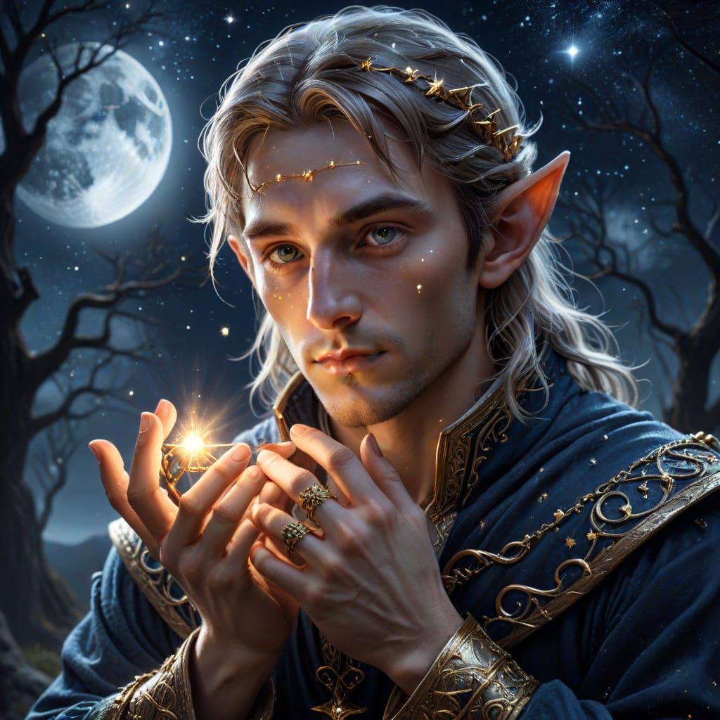 Ethereal Elf King Portrait Under Starry Night Sky