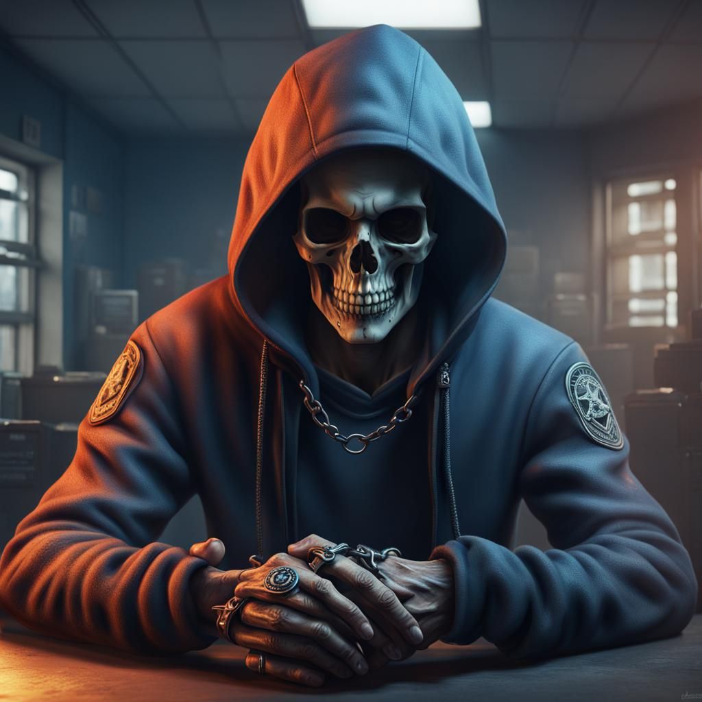Skull-faced Person Arrested: Matte Painting Style