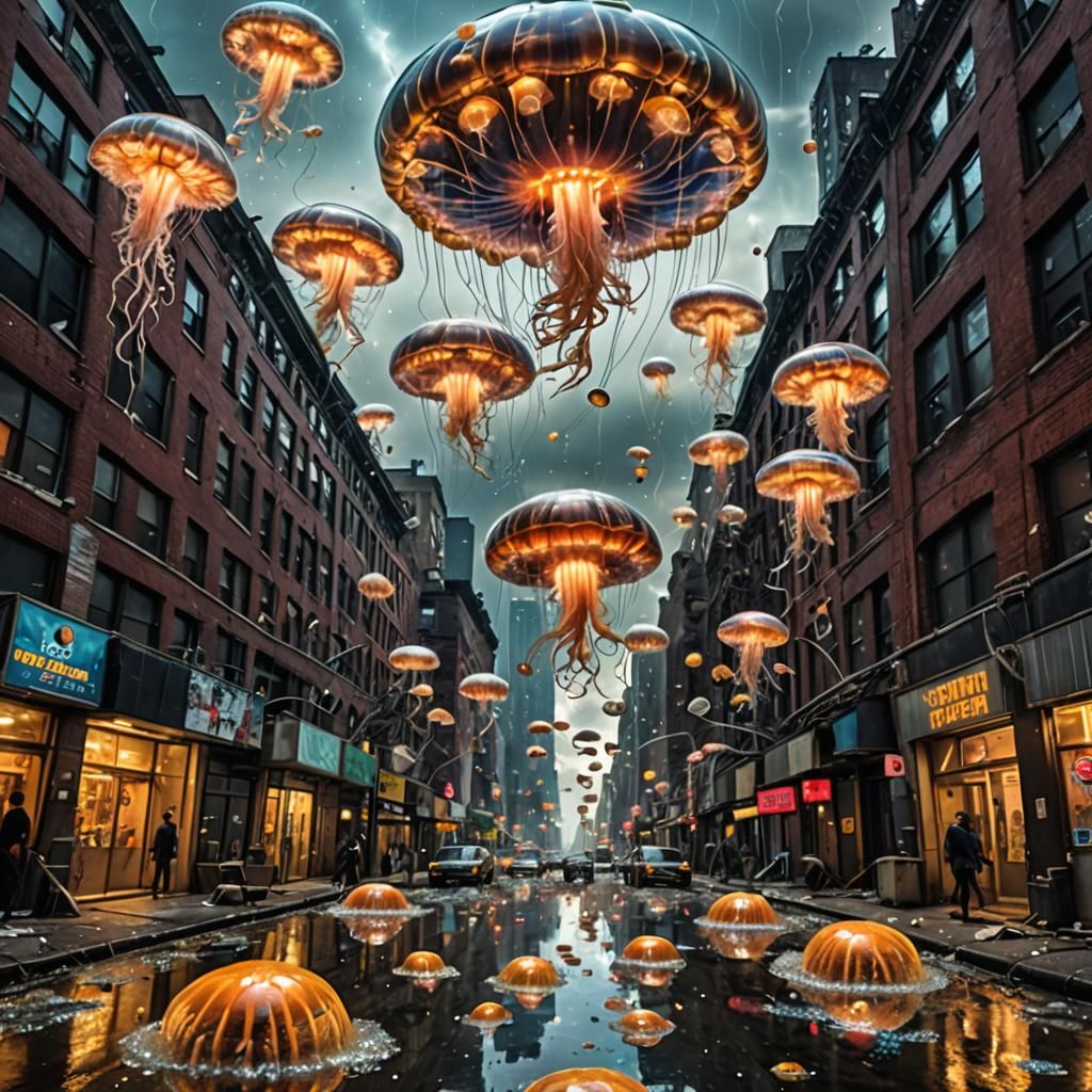 Jellyfish UFOs Over Dystopian City, Photorealistic Surrealis...