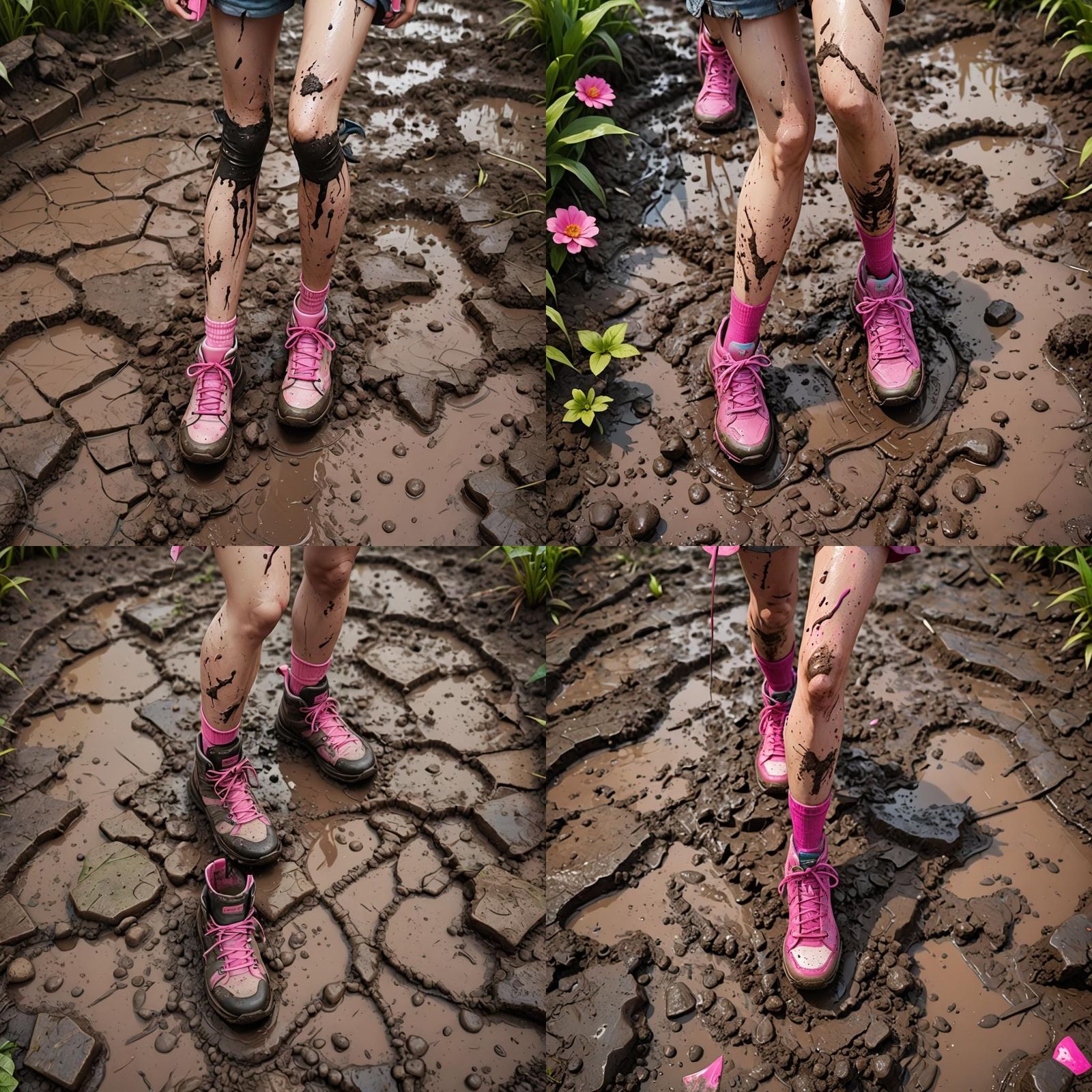 Anime Girl's Pink Sneakers in Muddy Garden