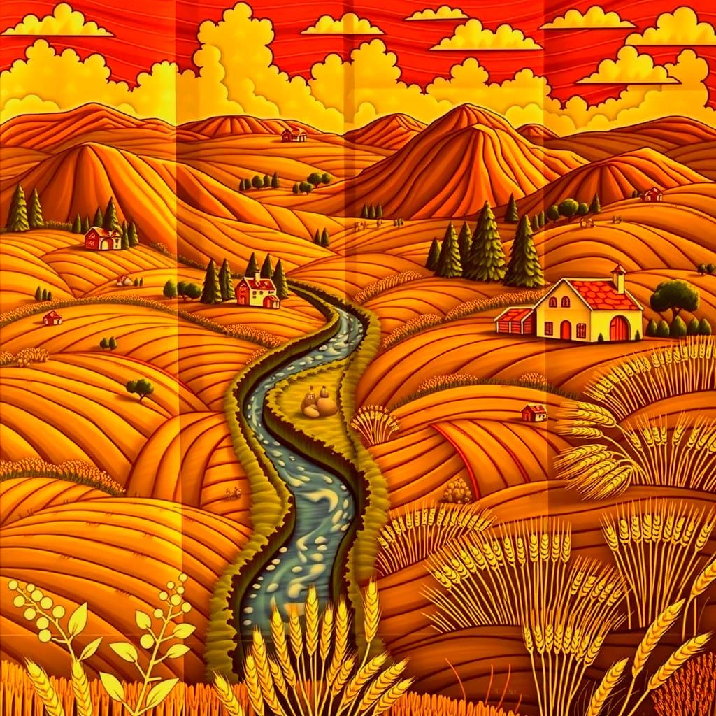 Golden Hour Landscape with Meadows and Wheat Fields