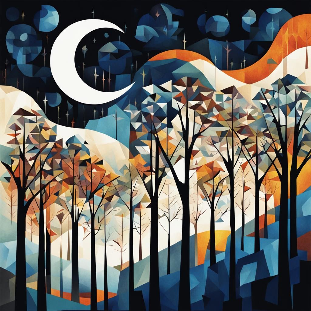 Batik Crescent Moon with Winter Trees