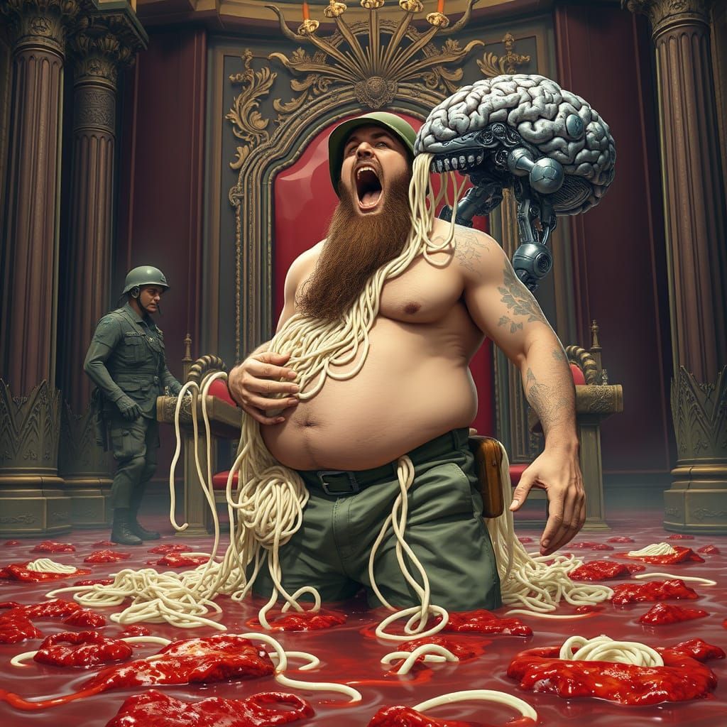 Irate Soldier in Opulent Throne Room with Robot Brain