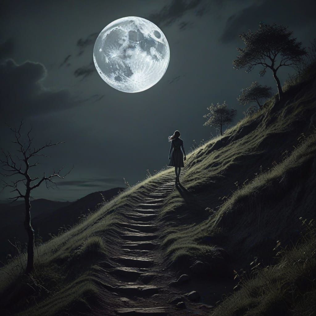 Moonlit Girl Walks Uphill in Sketch Art Style