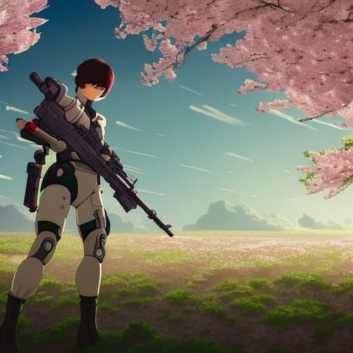 Mechanized Soldier in Cherry Blossom Orchard