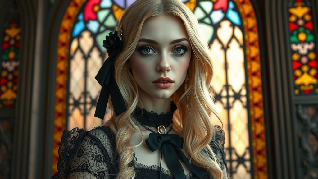 Gothic Woman in Victorian Attire with Stained Glass