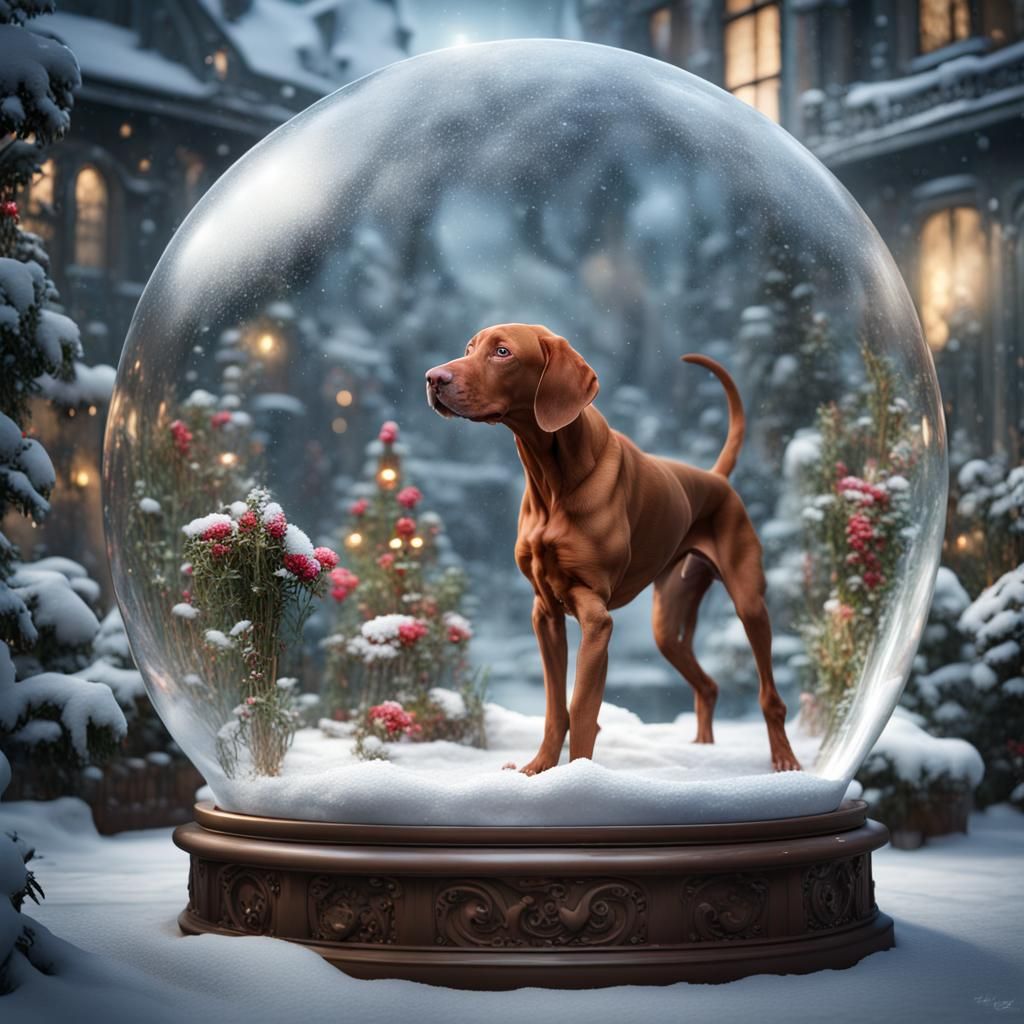 Vizsla in Snow Globe Garden: Fantasy Concept Art