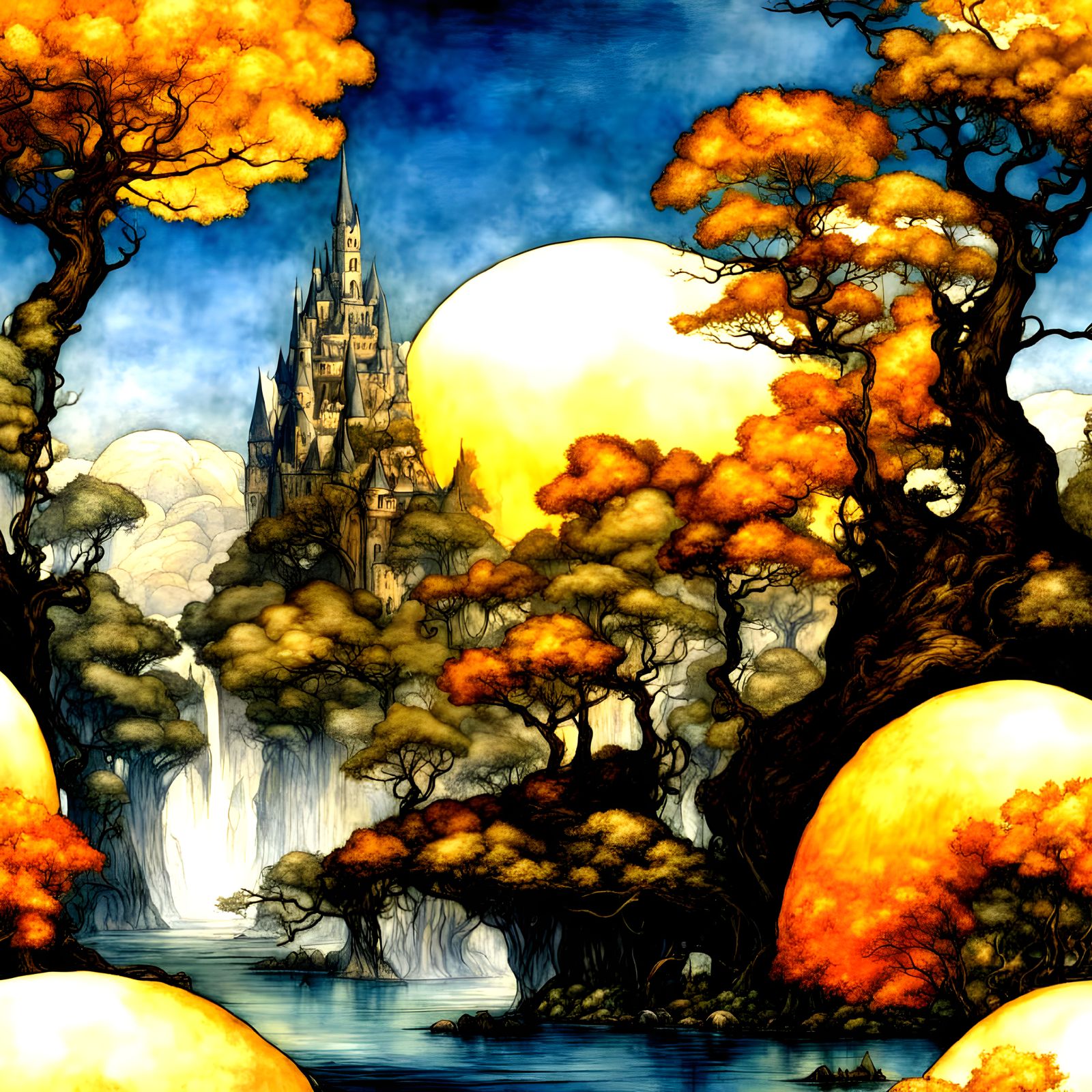 Fantasy fairy landscape,  detailed background, by arthur rac...