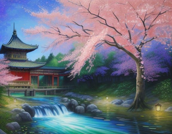 Cherry Blossom Pagoda by Vibrant Stream in Art Nouveau Style
