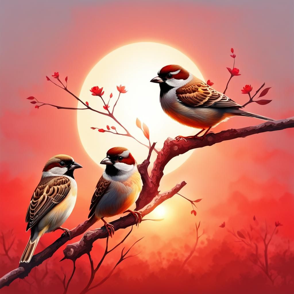 Sparrows on Branch with Red Sun Panorama