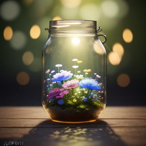 Fantasy Flowers and Lights in Glass Jar