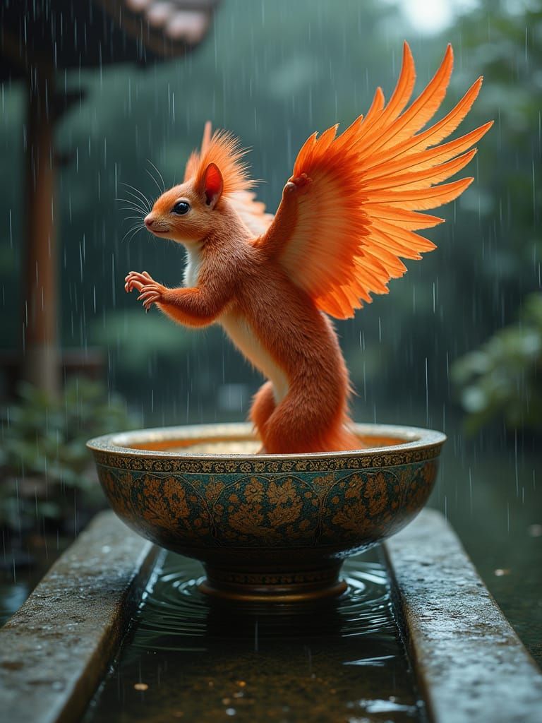 Ethereal Phoenix Squirrel in Dark Indochina Lacquer Style