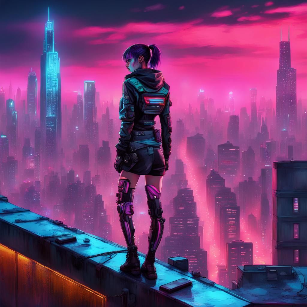 Cyberpunk Android on Neon Lit Rooftop