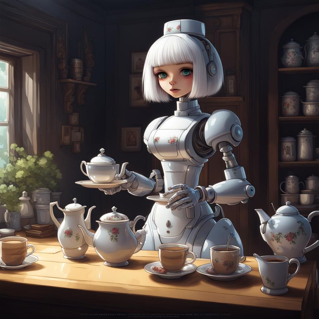 Cute Robot Maid Serving Tea: Detailed Digital Art