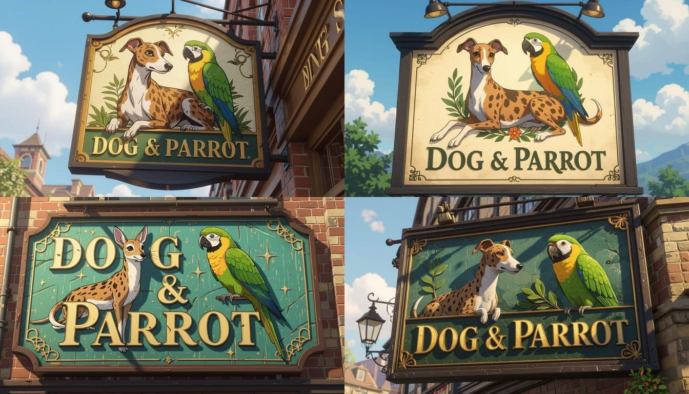 Dog & Parrot Pub Sign with Whippet and Macaw