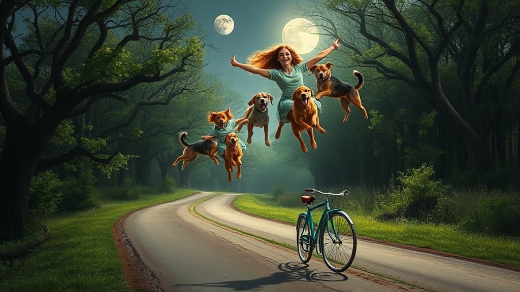 Svetlana's Magical Flight with Dogs in Enchanted Forest
