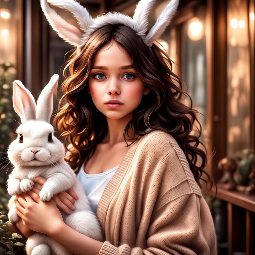 Girl with Rabbit: Hyperrealistic 64 Megapixel Image