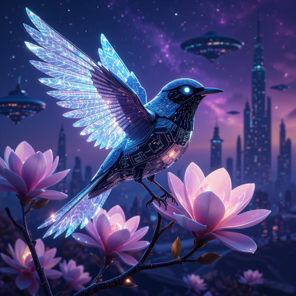 Futuristic Nightingale with Crystalline Wings in VRay Style
