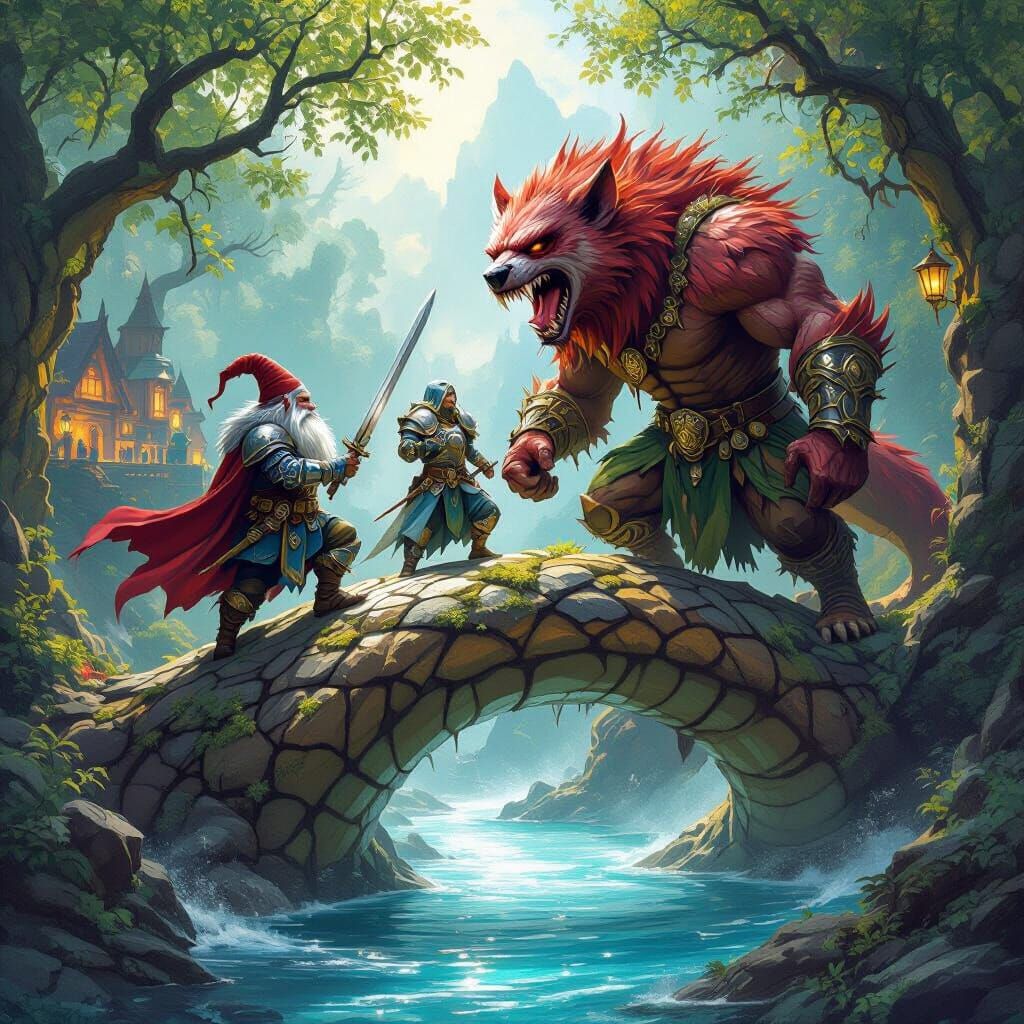 Fantasy Heroes Battle Hyena-Man on Giant Snake Bridge