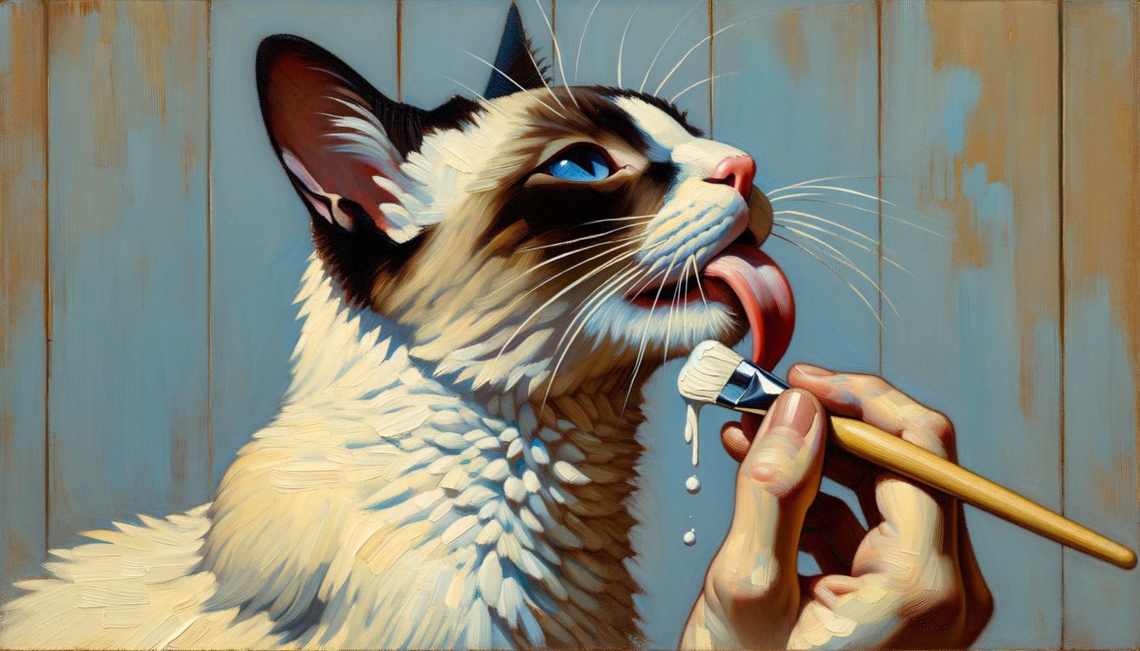 Siamese Cat Cleaning Itself as Oil Painting