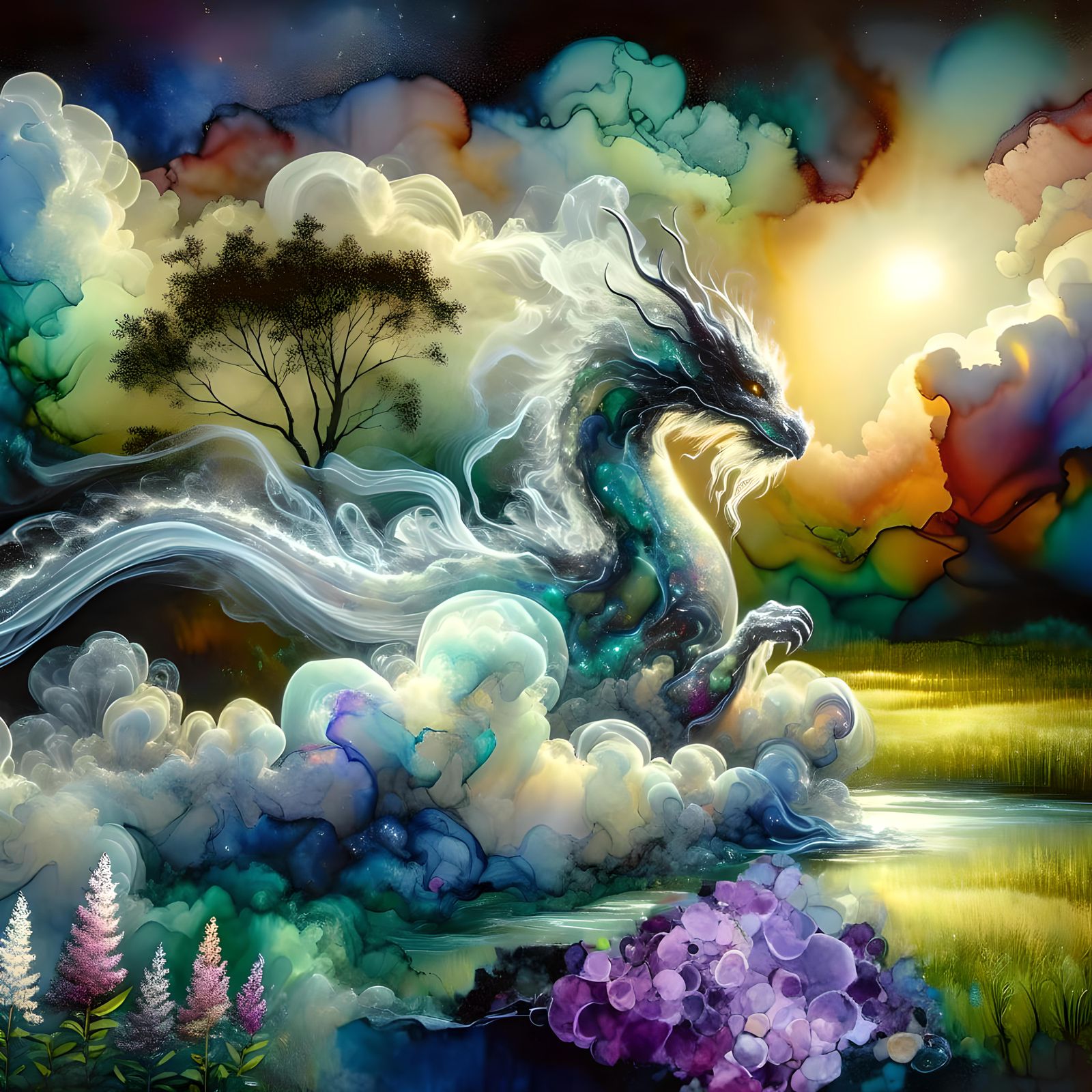 Prismatic Mist Dragon in Alcohol Ink Style