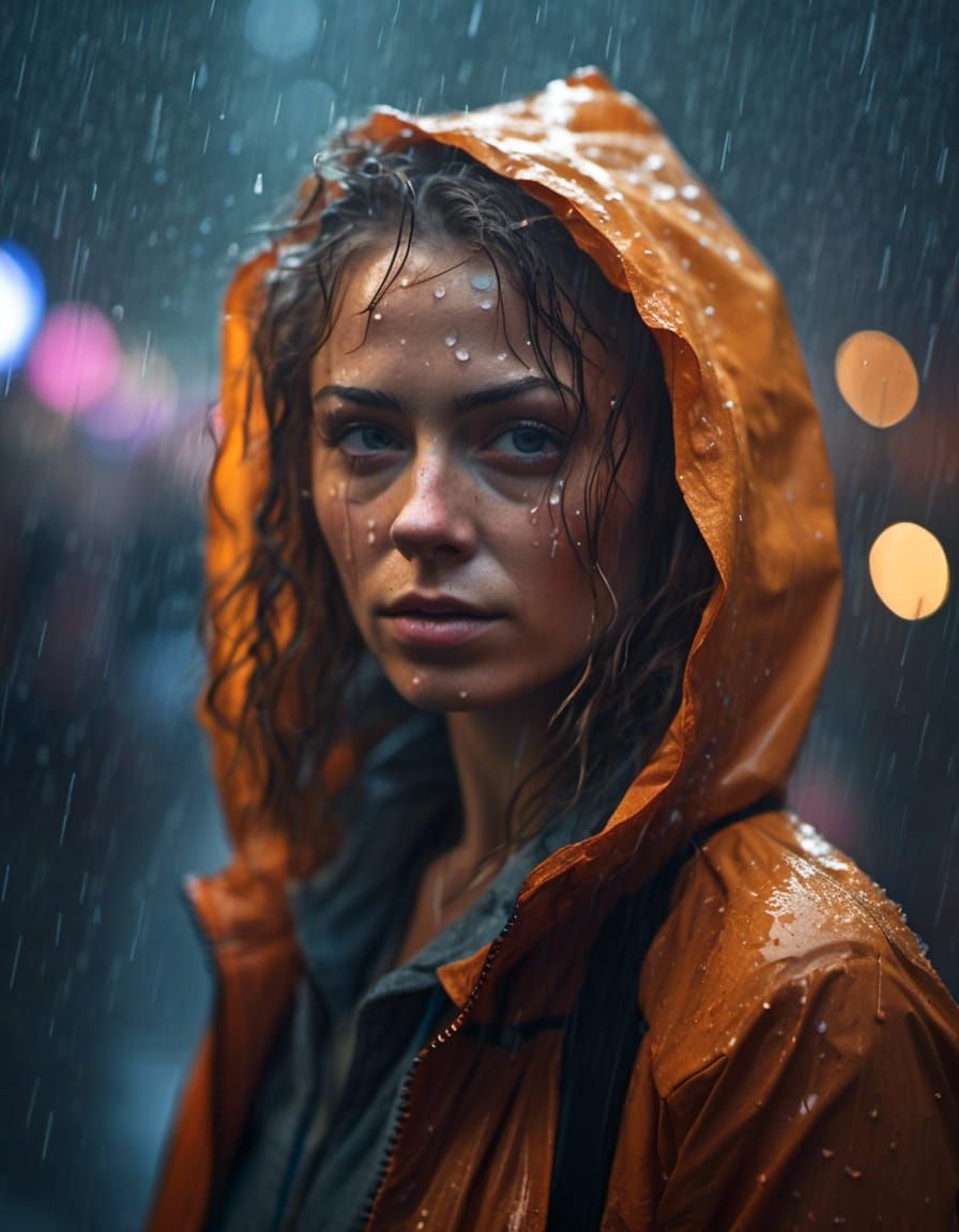 Gloomy Portrait of a Woman in the Rain