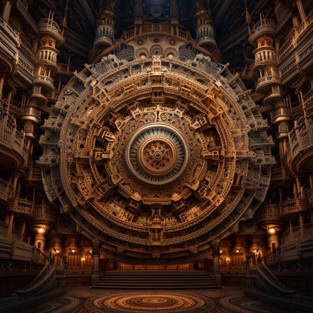 Intricate Mandala Temple with Steampunk Engine